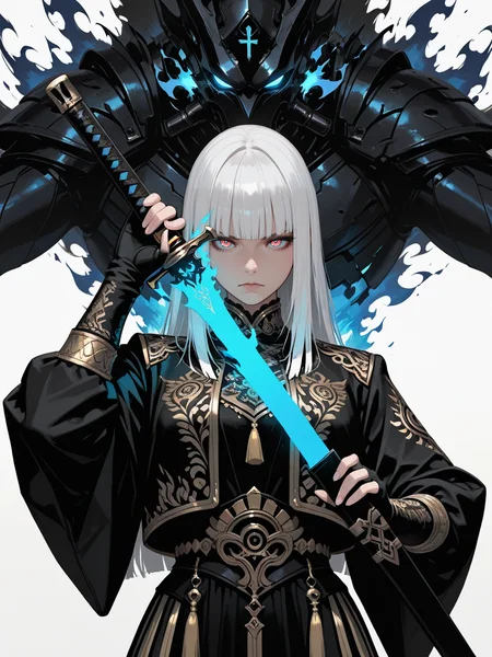 masterpiece, best_quality, amazing quality, newest, add detail+,
semi-real, 2.8d.
1girl, serious expression, frown.
white hair, blunt bangs, hime cut.
wearing gold embroidered clothes, fingerless gloves, jacket.
holding, holding sword, holding 1weapon, sheath, glowing, blue flaming sword, sword in front of face, (unsheathing), tassel, guardian, assemble pose, straight-on,
fire, blue flame.
simple white background, glowing blue sparks,
black and gold theme.
(shoot from side), no lineart,
dynamic composition, dynamic angle.
<lora:Add-cfg_scale_boost:0.>
<lora:add-detail-xl:0.>
detailxl
<lora:Sinozick_style:0.5> Sinozick_illu, gradient, spot color