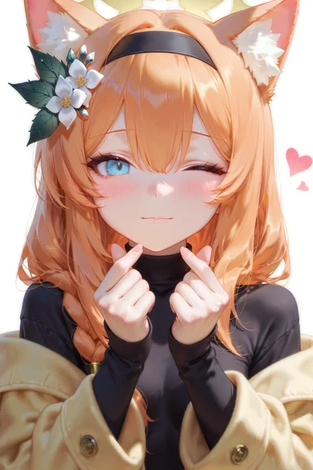 masterpiece,best quality,mari \(blue archive\),blue archive,1girl,animal ear fluff,animal ears,black dress,black hairband,blue eyes,blush,closed mouth,coat,dress,finger heart,flower,hair between eyes,hair flower,hair ornament,hairband,halo,heart,long hair,long sleeves,looking at viewer,one eye closed,orange hair,solo,upper body,white flower,wide sleeves,yellow coat,yellow halo,<lora:Raccoon21style:0.7>,<lora:Shenki_Style_v8_NSFW:0.3>,<lora:MatteSkin_Illustrious_v4:1>,