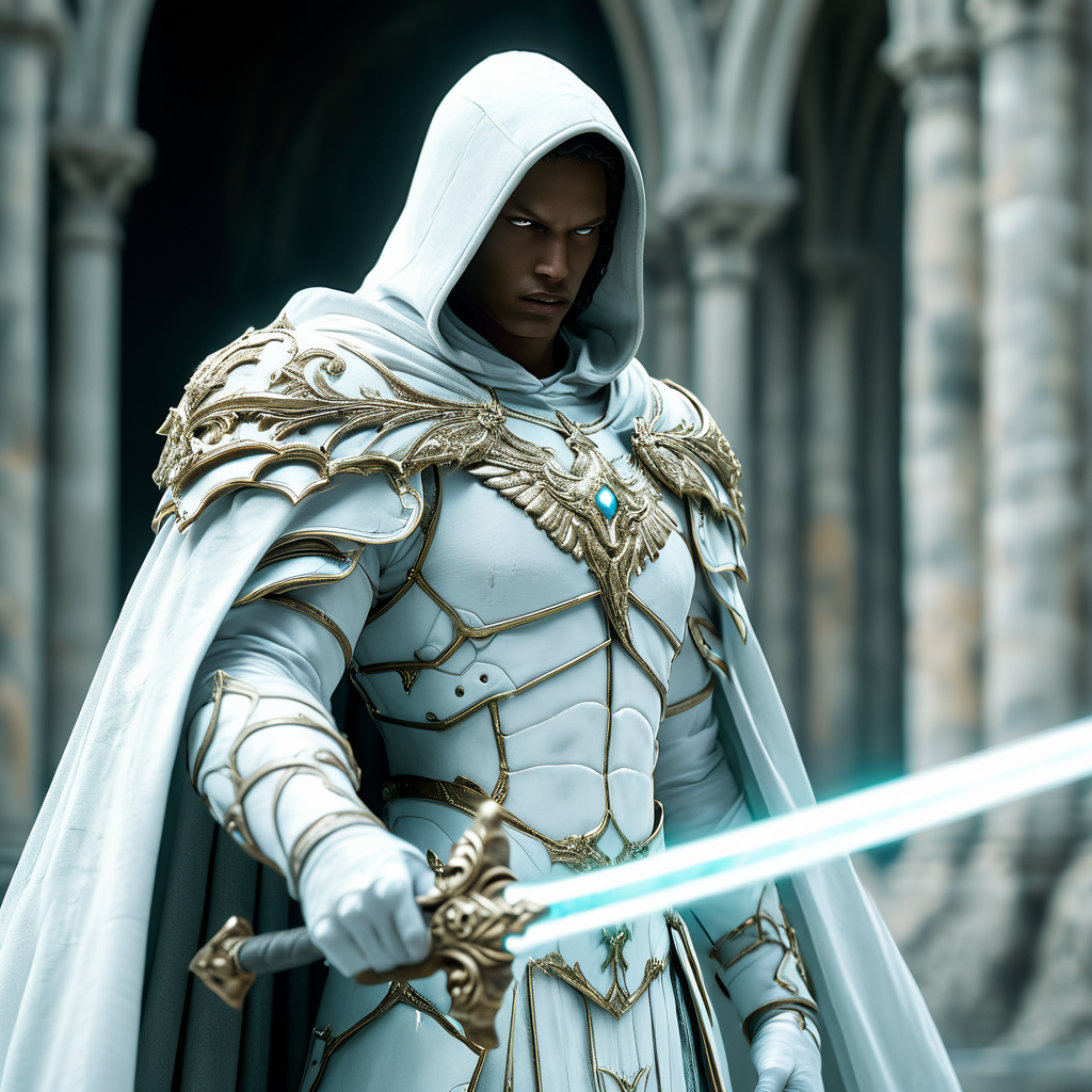 Close up shot of a hooded fallen angel, wearing white armor and cape, holding glowing sword infront of him, standing up, castle in background, HKStyle, HD, masterpiece, best quality, hyper detailed, ultra detailed, super realistic