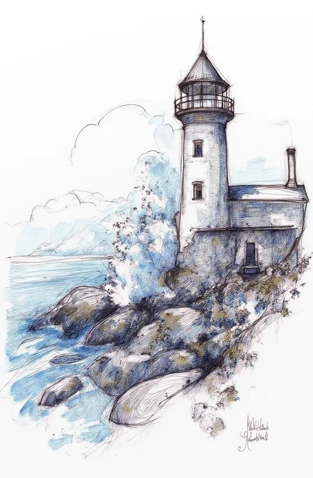 Sharp image of a rough sketch, rendered in vibrant multi colour ballpoint pen, capturing the adorable features of a black and white illustration of a lighthouse on a rocky shore. The lighthouse is tall and slender with a pointed top and a chimney on the right side. It is surrounded by large waves crashing against the rocks, creating a dramatic scene. The sky is cloudy and the overall mood of the image is dark and stormy. The overall mood is dramatic and dramatic.  p3nsk, <lora:p3nsk:1>