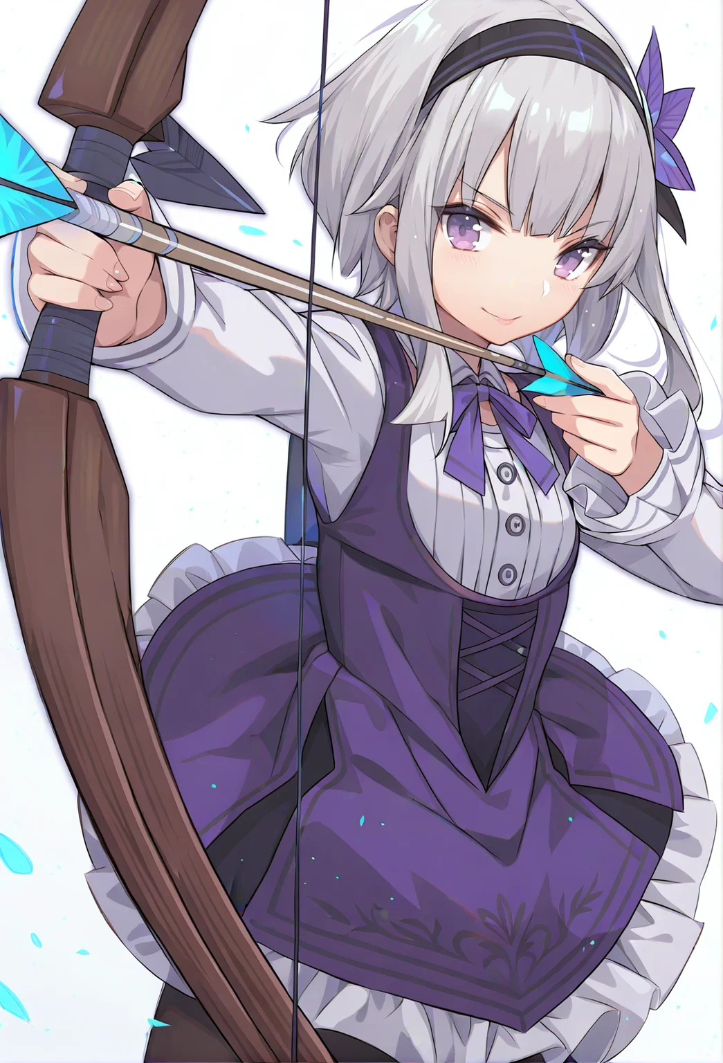 1girl,
long sleeves, closed mouth, short hair with long locks, purple ribbon, weapon, holding bow \(weapon\), holding, dress, bow \(weapon\), neck ribbon, short dress, looking at viewer, hairband, purple eyes, black hairband, cowboy shot, shirt, purple dress, holding arrow, ribbon, simple background, frilled sleeves, pink lips, hand up, solo, white hair, white shirt, black pantyhose, standing, v-shaped eyebrows, light particles, holding weapon, glowing flower, arrow \(projectile\), sleeveless dress, black ribbon, hair ornament, pantyhose, drawing bow, buttons, white background, collared shirt, frills, sleeveless, smile, light blush, bowtie, flower, purple bow, sidelocks, arm at side, aiming, purple bowtie
<lora:maojing:1>