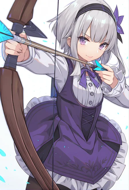 1girl,
long sleeves, closed mouth, short hair with long locks, purple ribbon, weapon, holding bow \(weapon\), holding, dress, bow \(weapon\), neck ribbon, short dress, looking at viewer, hairband, purple eyes, black hairband, cowboy shot, shirt, purple dress, holding arrow, ribbon, simple background, frilled sleeves, pink lips, hand up, solo, white hair, white shirt, black pantyhose, standing, v-shaped eyebrows, light particles, holding weapon, glowing flower, arrow \(projectile\), sleeveless dress, black ribbon, hair ornament, pantyhose, drawing bow, buttons, white background, collared shirt, frills, sleeveless, smile, light blush, bowtie, flower, purple bow, sidelocks, arm at side, aiming, purple bowtie
<lora:maojing:1>