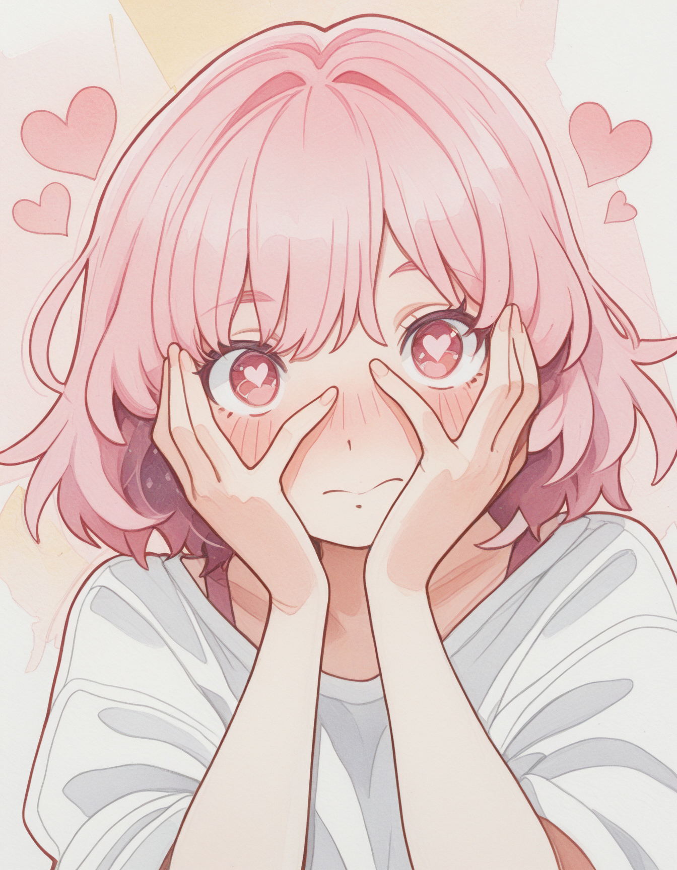 watercolor, traditional watercolor style, paper texture, dutch angle, abstract background,

1girl, solo, pink hair, looking at viewer, heart eyes, blushing, hands over face, 