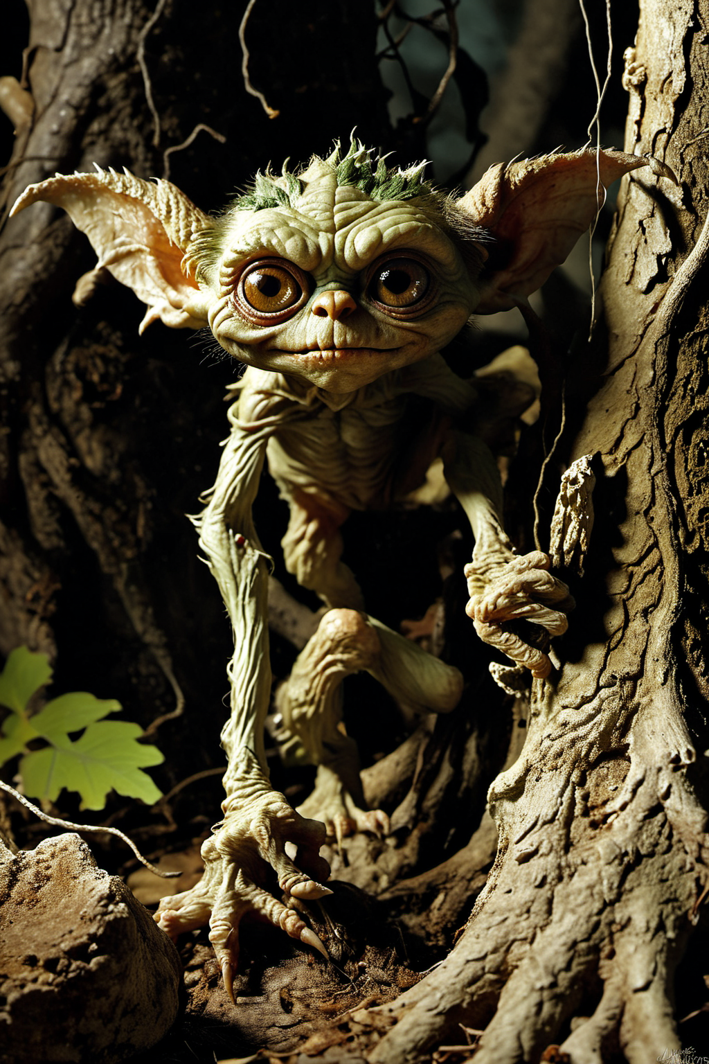 Capture the essence of a mischievous gremlin lurking in the shadows. The lighting should be dim, casting eerie highlights on its wrinkled skin and sharp, pointed ears. The gremlinâs eyes should gleam with curiosity and a touch of malevolence. Surround it with cluttered, ancient artifacts or gnarled tree roots to enhance the mystical atmosphere.