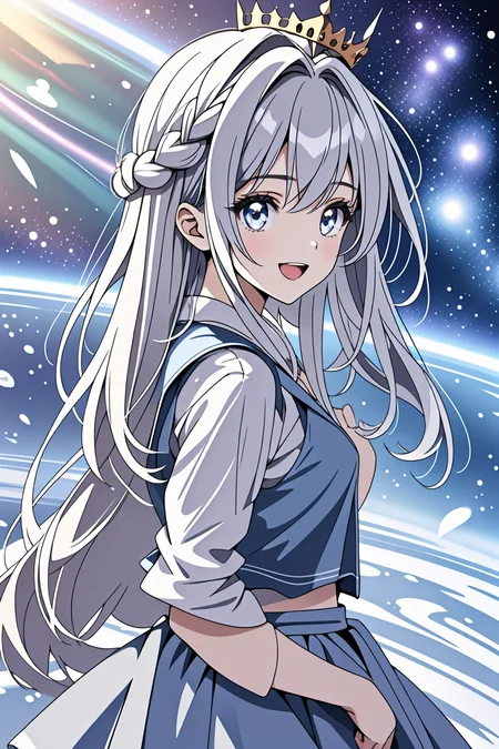 1girl, solo, panorama, space, gray hair, long hair, crown braid, french braid, gradient eyes, shortstack, (blue vest, layered skirt), :D <lora:LCM_LoRA_Weights_SD15:1>