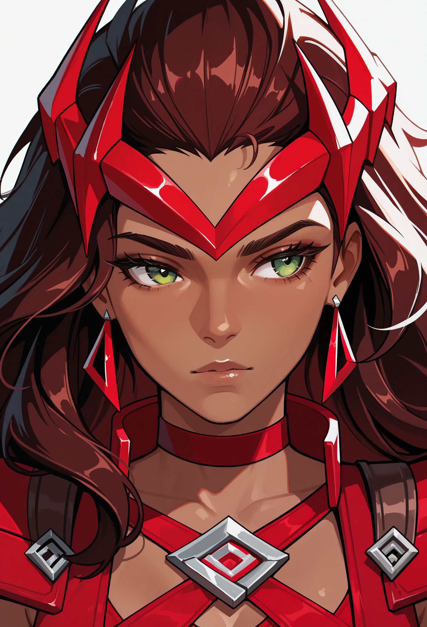 1girl, solo, white background, portrait, 
dark-skinned female, brown hair, long hair, green eyes, tiara, earrings, 
red choker, shoulder armor, red dress, criss-cross halter, 
masterpiece, best quality, <lora:scarlet_witchMR-guy90-Illust-LoraV1:1>, rmcacs