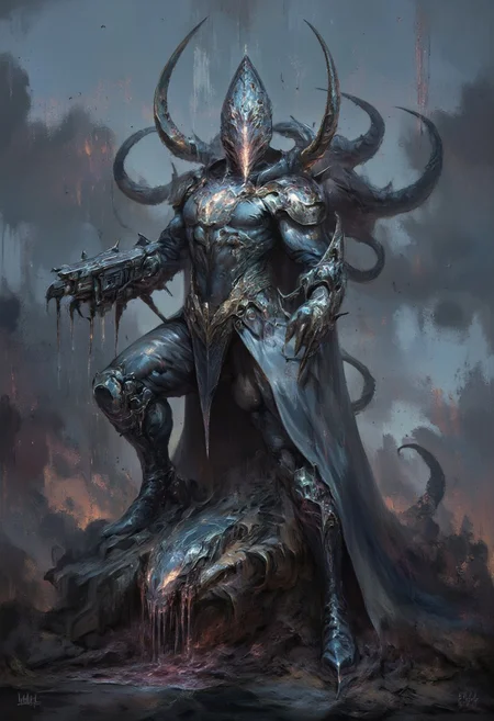 highly detailed, ultra-detailed, fantasy illustration, masterpiece, HD, 8K quality), (upper body in cybernetic form, sleek metallic plating, glowing cybernetic helmet, intricate circuitry, biomechanical design), (lower body in alien spiky tentacles, grotesque organic textures, jagged alien spikes, iridescent liquid dripping from tentacles), (surreal, grotesque, horror, eerie atmosphere), (bioluminescent elements, glowing veins, and organic patterns blending with cybernetic features), (chaotic fluid motion, high-action pose, attack stance), (smoky ink-splattered backdrop, dramatic lighting, dark surreal aesthetics), (fusion of sleek cyberpunk design and grotesque alien horror)