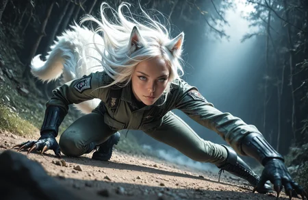 masterpiece, best quality, amazing quality, realistic,
dutch angle, (from above:1.1),
1girl, woman, fox ears, ear tufts, fluffy tail, long white hair, (glowing eyes:0.5), looking at viewer,
squatting, (outstretched leg:1.2), outstretched arm, hand on ground, (claws:1.1), leaning forward,
military combat uniform, combat boots,
(toned female:1.1),
fantasy, outdoors, dark background, volumetric lighting, dramatic shadows, sunlight, (wind:1.4)
<lora:Fant5yP0ny:0.3>