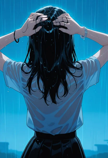 masterpiece, best quality, amazing quality, LDSCH, aesthetic, 1girl, solo, rain, long_hair, black_hair, shirt, short_sleeves, bracelet, blue_background, jewelry, skirt, from_behind, upper_body, black_skirt, wet, outdoors, hands_up, blue_shirt, hands_on_own_head, wet_hair