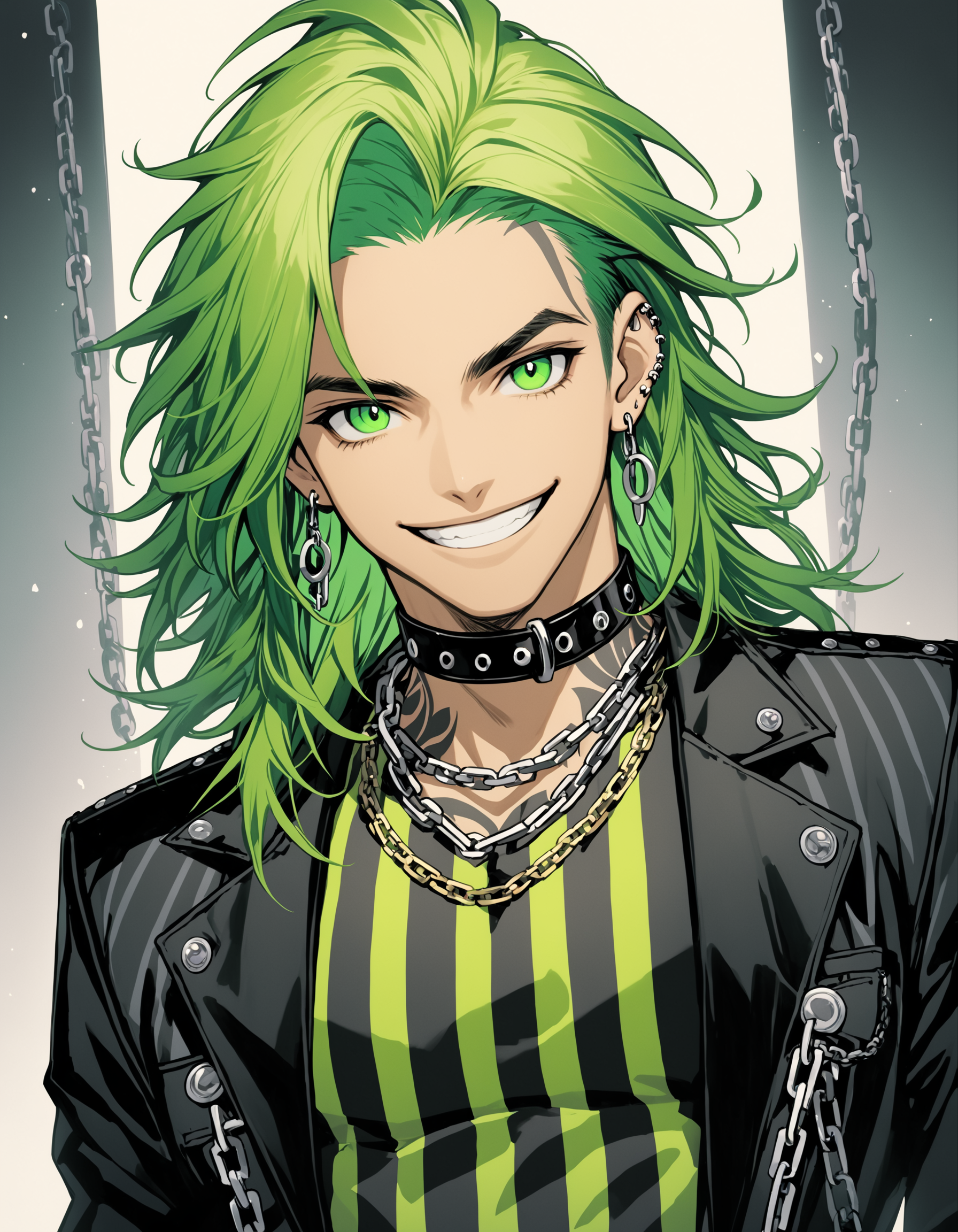 Mj Osea Style, solo, long hair, looking at viewer, smile, shirt, long sleeves, 1boy, jewelry, green eyes, jacket, upper body, male focus, earrings, green hair, grin, collar, black jacket, tattoo, chain, piercing, ear piercing, vertical-striped shirt, striped jacket, masterpiece, best quality , <lora:MJ-OSEAXL:0.8>