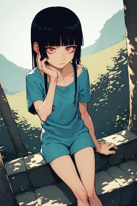 score_9, score_8_up, score_7_up, 1girl, puzzled, looking at viewer, hand on own face, black hair, heavy_fringe, hime cut, red eyes, flat chest, aqua clothes, outdoors, fisheye, sunbeam <lora:kotoyama_PonyXL_style_v01:1>