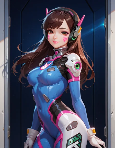 masterpiece, best quality, amazing quality, very aesthetic, absurdres,  newest, detailed background, cowboy shot, 4k, 8k, 
dvaxd, 1girl, solo, whisker markings, bodysuit, brown hair, long hair, facial mark, breasts, headphones, bunny print, brown eyes, skin tight, gloves, smile, facepaint, looking at viewer, white gloves, ribbed bodysuit, bangs, pilot suit, medium breasts, lips, blue bodysuit, shoulder pads, swept bangs, pink lips, from side
 <lora:D.Va_-_Overwatch_Illustrious:1>