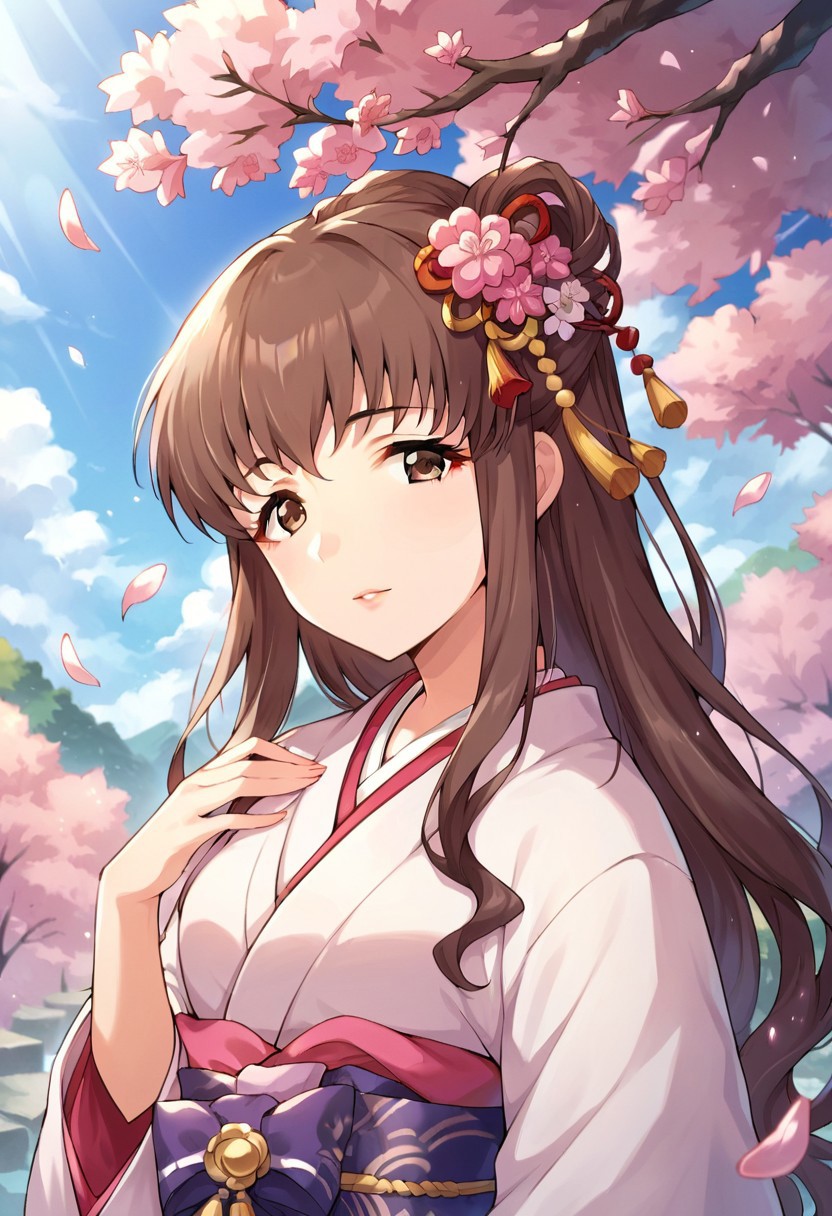 score_9, score_8_up, score_7_up, source_anime,hattori touko, long hair, brown hair, brown eyes, 1girl, solo, japanese clothes, kimono, hair ornament, flower, hair flower, cherry blossoms, looking at viewer, upper body