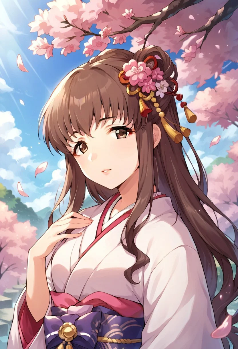 score_9, score_8_up, score_7_up, source_anime,hattori touko, long hair, brown hair, brown eyes, 1girl, solo, japanese clothes, kimono, hair ornament, flower, hair flower, cherry blossoms, looking at viewer, upper body