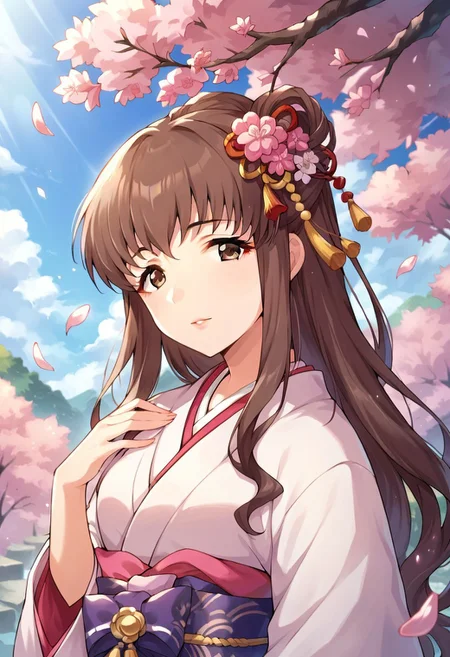 score_9, score_8_up, score_7_up, source_anime,hattori touko, long hair, brown hair, brown eyes, 1girl, solo, japanese clothes, kimono, hair ornament, flower, hair flower, cherry blossoms, looking at viewer, upper body