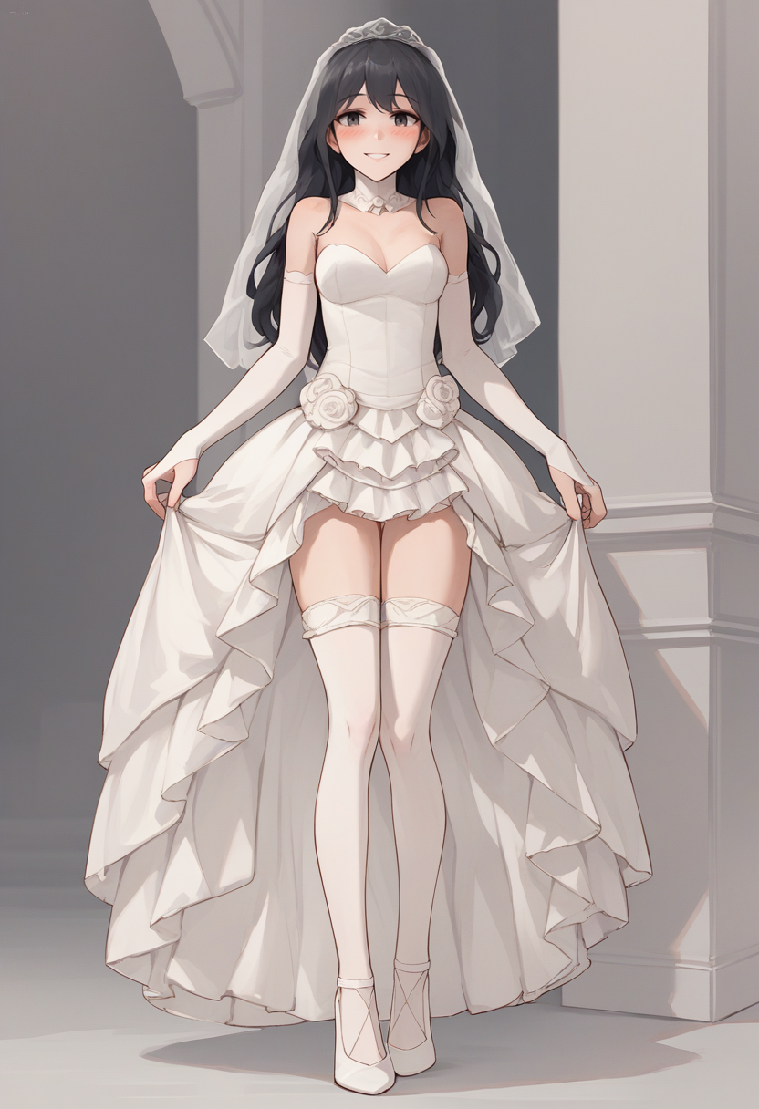 score_9, score_8_up, score_7_up, source_anime BREAK 1girl, solo, <lora:chowbie-artist-richy-v1_pdxl:1> wedding dress, bride, bridal gauntlets, smile, blush, full body, bridal veil, bridal legwear, black hair, black eyes, white dress, white thighhighs