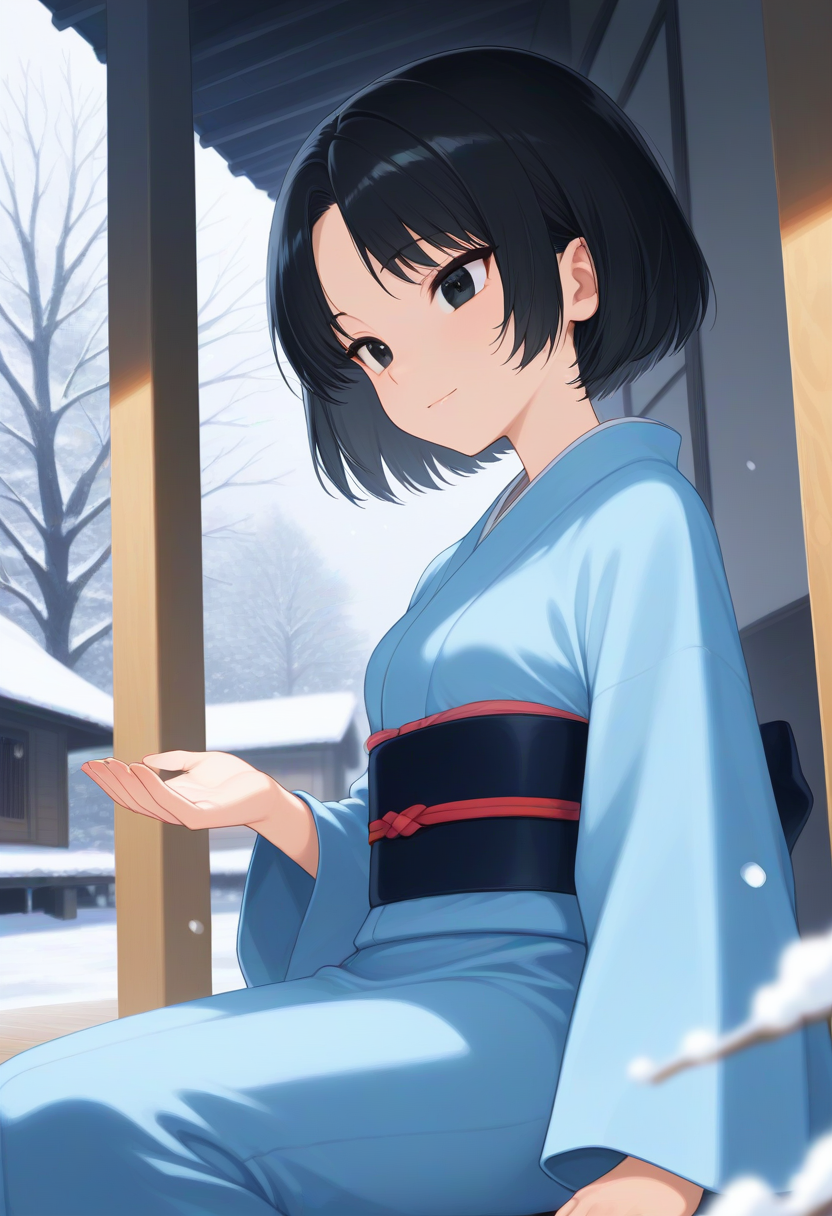 depth of field, ambience sense, perspective, dynamic angle, from side, crisp detail, crisp edges, harsh lighting, harsh shadows, anime eyes, detailed anime eyes BREAK r_shiki, 1girl, solo, short hair, parted bangs, black hair ,black eyes, tsurime, blue kimono, japanese clothes, sash, long sleeves, small breasts, bare tree, cupping hand, japanese house, winter, tree, terrace, snowing, snow, light smile, sit, sitting 
,masterpiece,best quality,amazing quality,