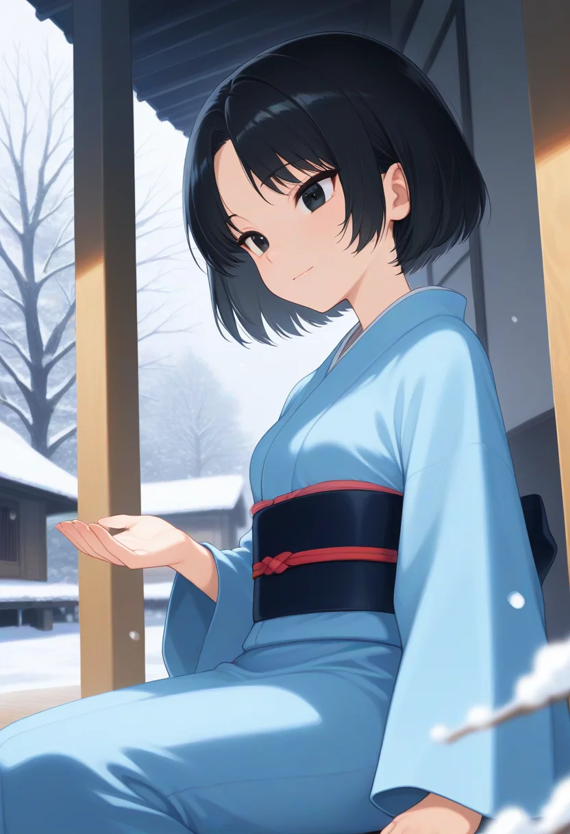 depth of field, ambience sense, perspective, dynamic angle, from side, crisp detail, crisp edges, harsh lighting, harsh shadows, anime eyes, detailed anime eyes BREAK r_shiki, 1girl, solo, short hair, parted bangs, black hair ,black eyes, tsurime, blue kimono, japanese clothes, sash, long sleeves, small breasts, bare tree, cupping hand, japanese house, winter, tree, terrace, snowing, snow, light smile, sit, sitting
,masterpiece,best quality,amazing quality,