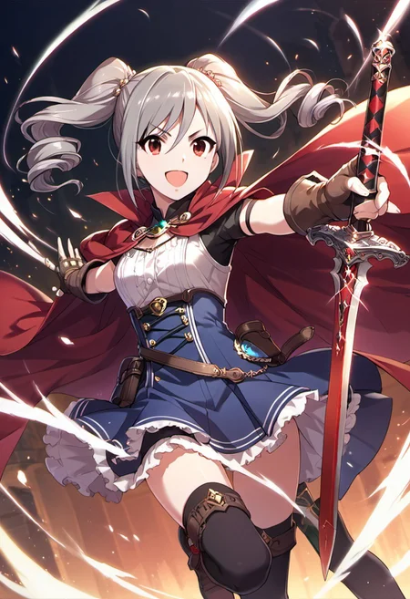 score_9, score_8_up, score_7_up, source_anime, kanzaki ranko, grey hair, red eyes, 1girl, gloves, solo, fingerless gloves, cape, thighhighs, sword, drill hair, twintails, weapon, open mouth, smile