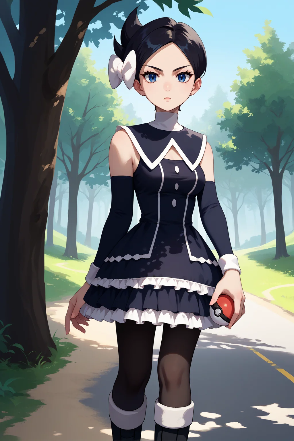 score_9, score_8_up, score_7_up, score_6_up, source_anime, 1girl, solo, <lora:pkmnmarley-pdxl-nvwls-v1-000006:1> pmMly, black hair, short hair, blue eyes, hair bow, white bow, black dress, clothing cutout, frilled dress, sleeveless, detached sleeves, black pantyhose, medium breasts, black boots, holding poke ball, serious, trees, road, looking at you