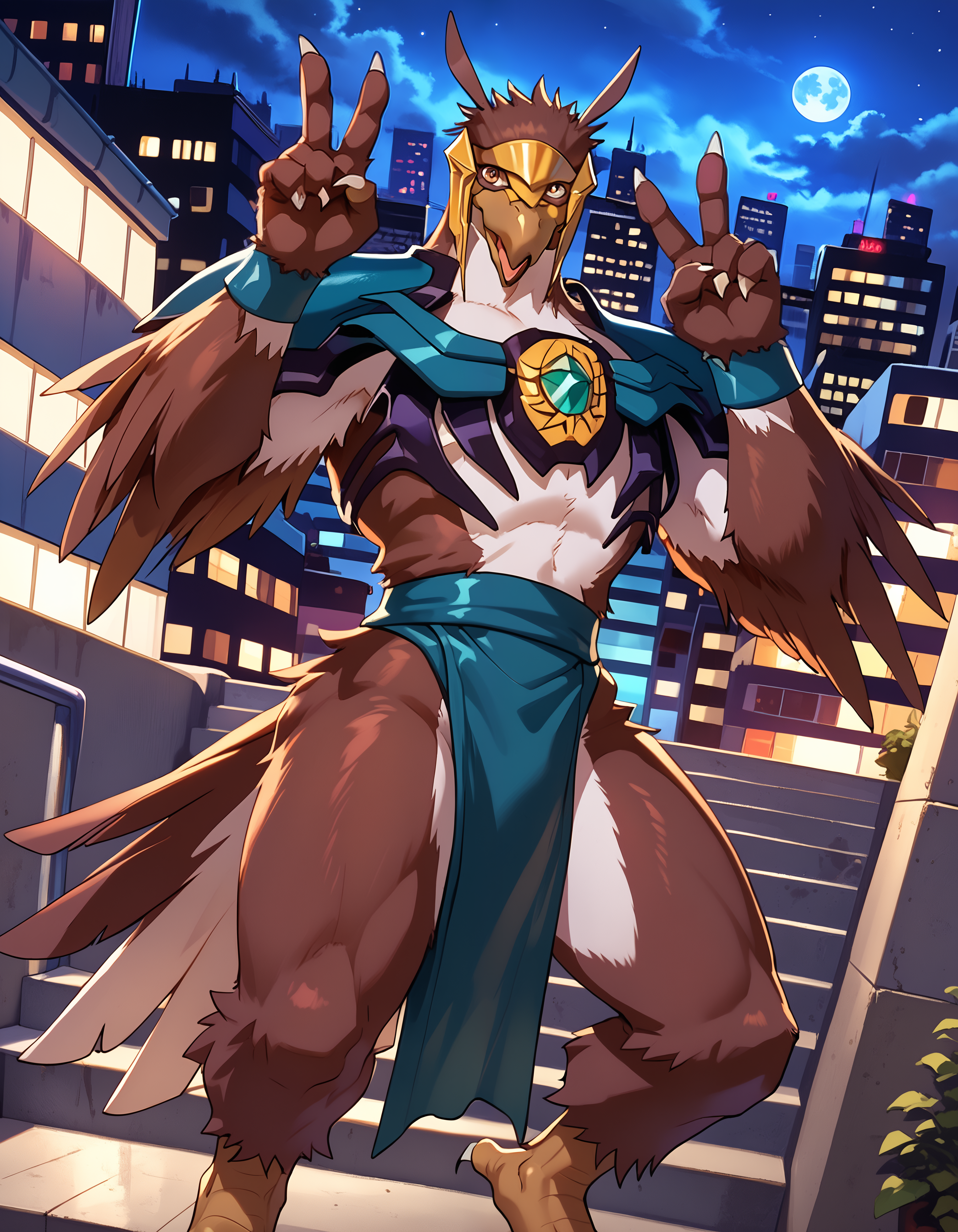 score_9, score_8_up, score_7_up, rating_safe, source_furry, detailed, detailed background, masterpiece, best quality,  embedding:zPDXL3 BREAK <lora:Zinfogel_Wild_Knights_Gulkeeva.safetensors:1.0>, p0l4r_p4tr011er, z1nfogel, solo, 1boy, male focus, brown eyes, long avian tail, feathers, big eyes, barefoot, dark, night, looking at viewer, city, loincloth, wingless, upper body, digitigrade, barefoot, biped, avian paws,  (dutch angle, standing v sign, open mouth:1.15)