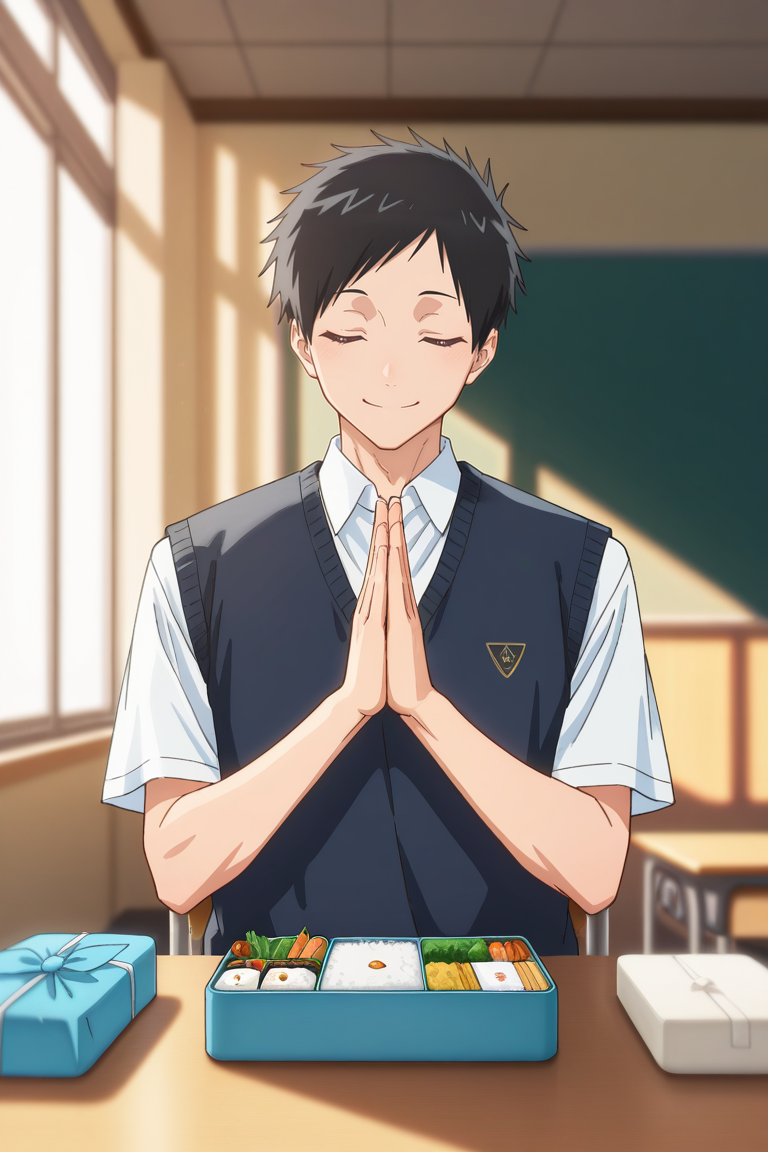 masterpiece,best quality,amazing quality,very aesthetic,high resolution,ultra-detailed,absurdres,newest,scenery,volumetric lighting,depth of field , , , 1boy,solo,male focus, <lora:taiki:0.78>,taiki inomata, black hair, brown eyes,short hair,smile, shirt, closed mouth, school uniform, white shirt, upper body, closed eyes, collared shirt, indoors, blurry, vest, blurry background, own hands together, facing viewer, sweater vest, bento, praying, palms together