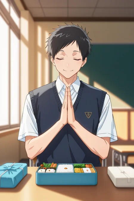 masterpiece,best quality,amazing quality,very aesthetic,high resolution,ultra-detailed,absurdres,newest,scenery,volumetric lighting,depth of field , , , 1boy,solo,male focus, <lora:taiki:0.78>,taiki inomata, black hair, brown eyes,short hair,smile, shirt, closed mouth, school uniform, white shirt, upper body, closed eyes, collared shirt, indoors, blurry, vest, blurry background, own hands together, facing viewer, sweater vest, bento, praying, palms together