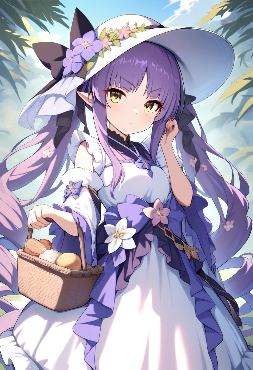 masterpiece,high score,great score,absurdres,<lora:Kyouka_ani4_xl_v1-000014:0.8>,kyouka \(princess connect!\),1girl,purple hair,twintails,solo,very long hair,frills,looking at viewer,standing,pointy ears,yellow eyes,frilled dress,hair flower,white dress,hair ornament,hat,holding basket,hat flower,