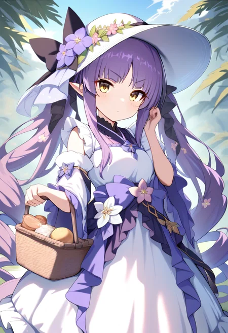 masterpiece,high score,great score,absurdres,<lora:Kyouka_ani4_xl_v1-000014:0.8>,kyouka \(princess connect!\),1girl,purple hair,twintails,solo,very long hair,frills,looking at viewer,standing,pointy ears,yellow eyes,frilled dress,hair flower,white dress,hair ornament,hat,holding basket,hat flower,