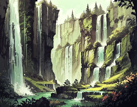 score_9, score_8_up, score_7_up,  <lora:Messy Sketch Style:1>, cliffside with waterfall and medow