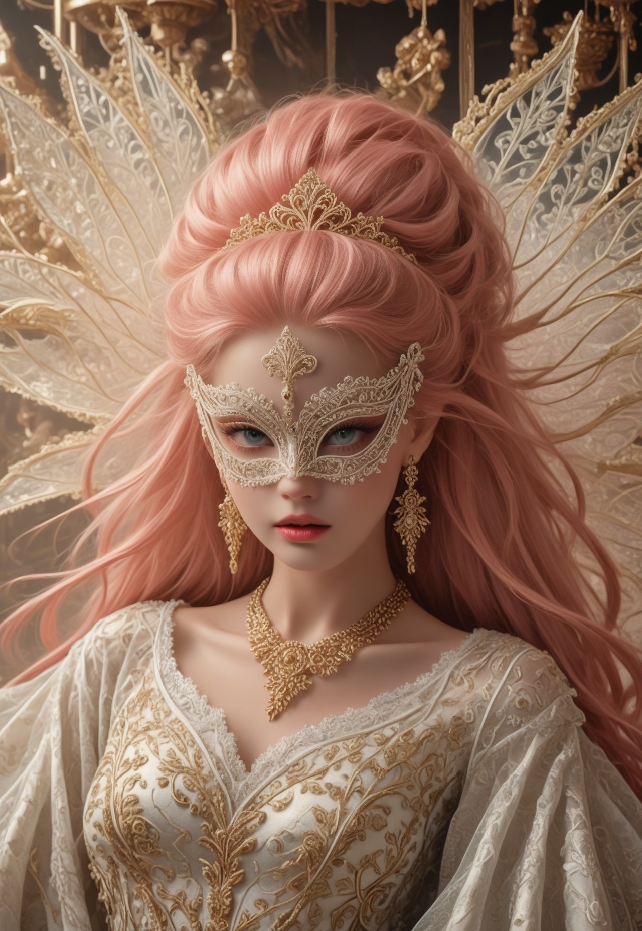safe_pos, pmg style, score_9, score_8_up, score_7_up, score_6_up, 
pink hair, ((very long hair:1.4)), ((white puppet:1.2)), ((white lace mask:1.3)), gold pattern mask, (slender:1.2), glowing transparent wings, wings on back, huge fractal patterned wings, slender, beautiful breasts, white shining dress, see-through shawl, fancy shawl, full of gold ornaments dress, tiara, extravagant jeweled necklace, crazy extravagant, excessive glittering decorations on dress, complicated patterned dress, flowers, long earrings, glitters on dress, jewelry, layered dress, complicated patterned dress, excessive extravagant ornaments, 