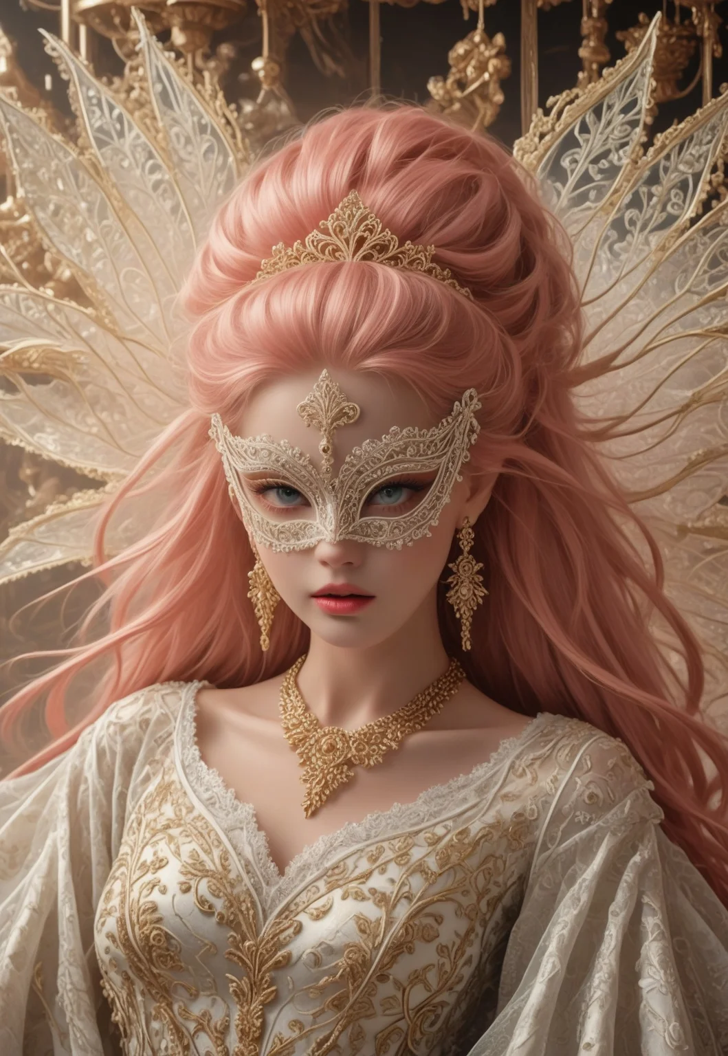 safe_pos, pmg style, score_9, score_8_up, score_7_up, score_6_up,
pink hair, ((very long hair:1.4)), ((white puppet:1.2)), ((white lace mask:1.3)), gold pattern mask, (slender:1.2), glowing transparent wings, wings on back, huge fractal patterned wings, slender, beautiful breasts, white shining dress, see-through shawl, fancy shawl, full of gold ornaments dress, tiara, extravagant jeweled necklace, crazy extravagant, excessive glittering decorations on dress, complicated patterned dress, flowers, long earrings, glitters on dress, jewelry, layered dress, complicated patterned dress, excessive extravagant ornaments,