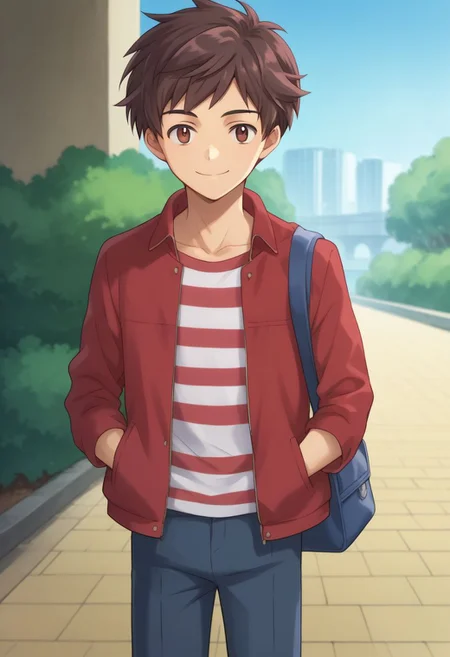 score_9, score_8_up, source_anime, highly detailed, 1boy, solo, skinny,
kazuki, 1boy, male focus, solo, brown hair, smile, bag, shirt, brown eyes, jacket,
looking at viewer, striped shirt, red jacket, open jacket, short hair,
outdoor,