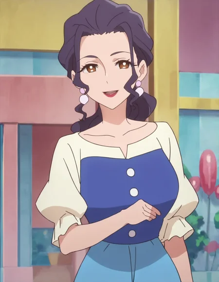 score_9, score_8_up, score_7_up, anime screencap,1girl, solo, jewelry, earrings, purple hair, brown eyes, smile, looking at viewer, lipstick, long hair, ponytail, open mouth, makeup ,cowboy shot,milf,blue skirt,two colored shirt,large breasts,<lora:suzumiramiyuki:0.9>