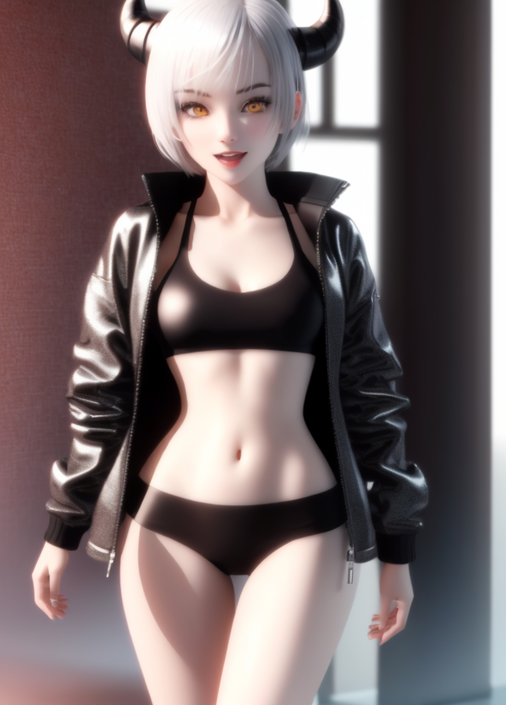 <lora:Ataru:0.65>, Ataru, 1girl, yellow eyes, heterochromia, glowing, solo, pale skin, short hair, single horn, horns, navel, breasts, white background, simple background, long hair, jacket, grey hair, open mouth, medium breasts, seductive smile, tight bikini, public bath,  presenting vagina, (((3d, cgi)))