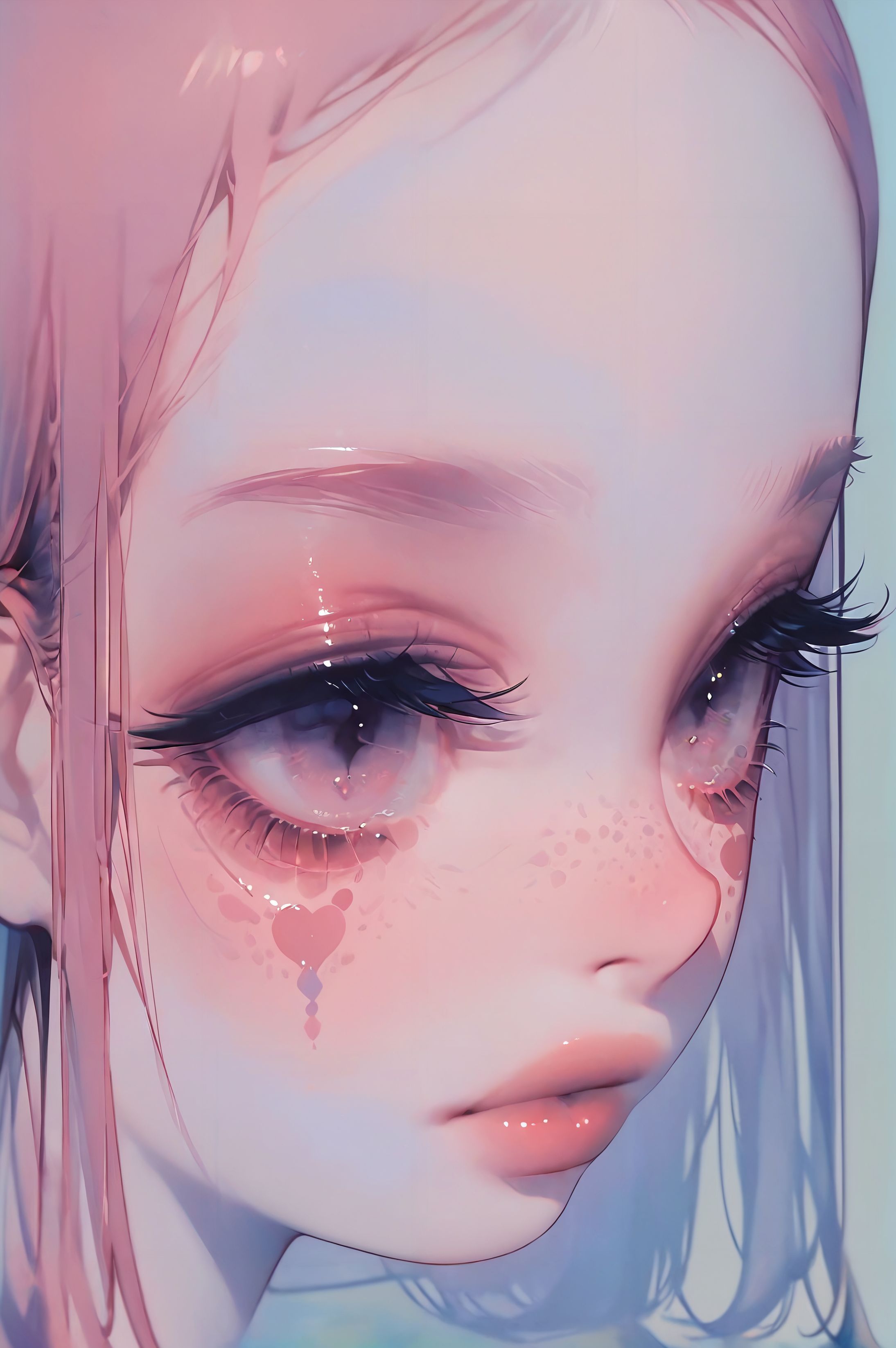 ptrst,score_9,score_8_up,score_7_up,1girl,close up,bangs,blurry,simple background,<lora:PTRST:1>
