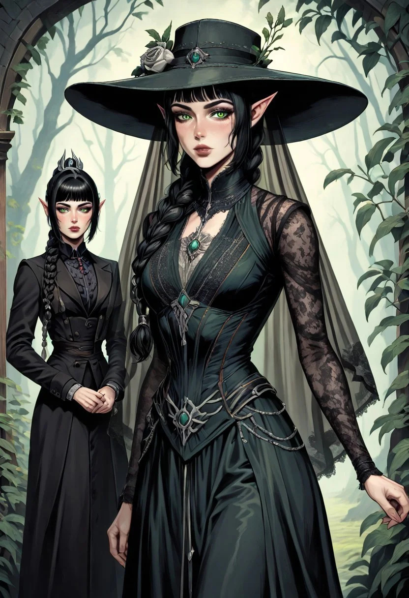 masterpiece, best quality, newest, absurdres, highres, FCMXV1.0, VGE-V1.0, goth fashion, victorian ,1girl, shadowheart \(baldur's gate\), long braid, elf, pointy ears, black hair, braid, side bangs, green eyes, hat, round hat, veil, dress, formal,