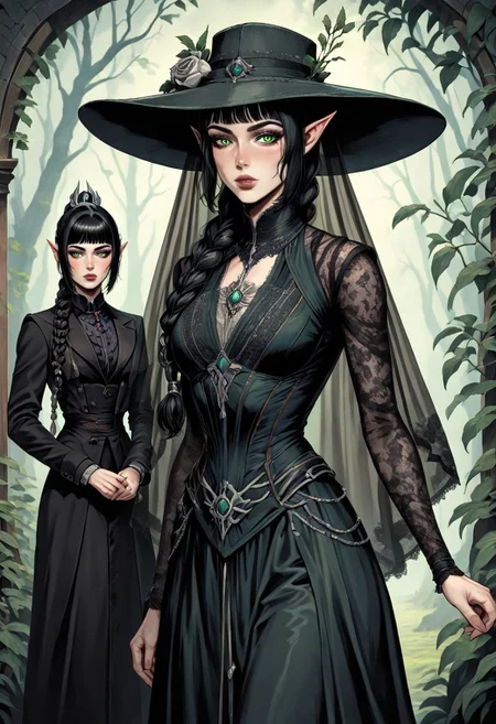 masterpiece, best quality, newest, absurdres, highres, FCMXV1.0, VGE-V1.0, goth fashion, victorian ,1girl, shadowheart \(baldur's gate\), long braid, elf, pointy ears, black hair, braid, side bangs, green eyes, hat, round hat, veil, dress, formal,