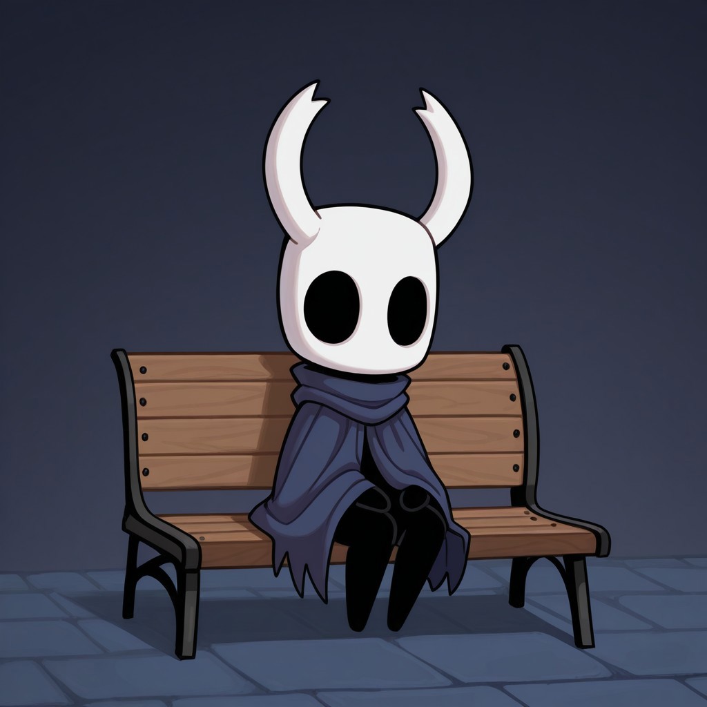 detailed, hires, absurd res, high quality, best quality, masterpiece, newest, detailed face, detailed eyes BREAK male, 1boy, solo, theknight, black body, white mask, hollow eyes, horns, blue cloak, no feet, short stack, full body, sitting on bench