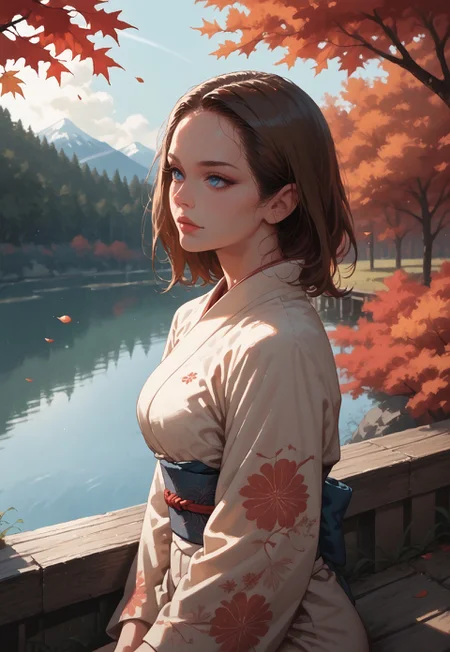 safe_pos, 1woman, mature, beautiful face, hourglass body, glossy skin, large breast, blue eyes, (brown hair, medium hair),

BREAK,

sitting, serene expression, looking at distance, 

BREAK,

kimono, long flowing sleeves, obi sash, detailed fabric patterns, floral design,

BREAK,

autumn scenery, falling red leaves, maple trees, misty pond, floating leaves, backlighting, warm golden glow, soft rim light, cinematic lighting, rule of thirds, dynamic angle, slightly high angle shot, soft focus background, (detailed clouds:1.3), mountains,

BREAK,

score_9, score_8_up, score_7_up, 8k, beautiful, detailed background, detailed body, intricate details, rating_explicit, detailed eyes, sinozick style, rimixa, invncbl, present day, bokeh effect, blurred background, cinematic framing,