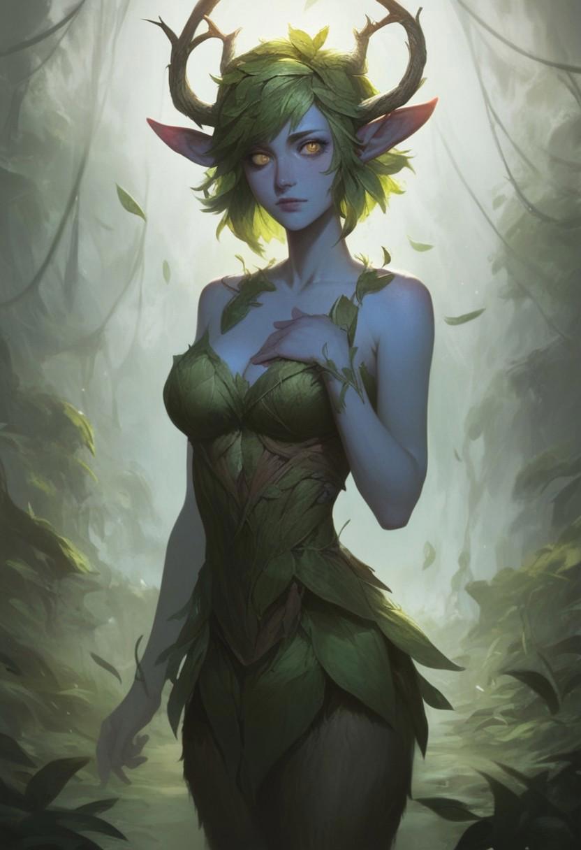 score_9, score_8_up, score_7_up, BREAK, 1woman, cowboy-shot, dramatic lights, clear eyes, sharp eyes, high quality eyes, high resolution eyes, detailed eyes, looking at viewer, eye contact, ((Dryad, Faun, Satyr,, beautiful, detailed face, beautiful face, blue skin, horns, golden eyes, green hair, leaves in hair, leaves, wooden horns))