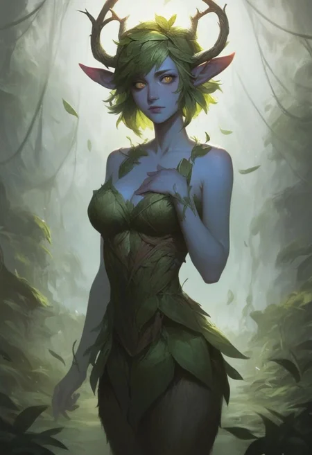 score_9, score_8_up, score_7_up, BREAK, 1woman, cowboy-shot, dramatic lights, clear eyes, sharp eyes, high quality eyes, high resolution eyes, detailed eyes, looking at viewer, eye contact, ((Dryad, Faun, Satyr,, beautiful, detailed face, beautiful face, blue skin, horns, golden eyes, green hair, leaves in hair, leaves, wooden horns))