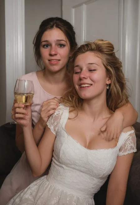 Dark lighting and intimate atmosphere. Sensual and turned on by each other. Drinking sacrament wine. More drunk. One woman has large breasts.Hyper realistic. More drunk and wasted. Two Mormon sister missionaries getting drunk in their apartment after a long day proselyting. They are obviously visibly very intoxicated. Leaning together lovingly. Very drunk eyes. Very drunk sultry eye contact. more drunk expression. Disheveled hair. (((Falling, tripping, staggering, dizzy, sleepy))). (((blackout drunk))).Realistic skin. Film grain. Typical lighting wearing a nice modern dress. (((20 year old Mormon Temple square sister missionary))). Her hair is very disheveled. She drank a lot of tequila(((heavily lidded, drunk eyes))) incoherent, and completely hammered.
(((incoherent, wasted))) very drunk. realistic photo.{{{increasingly wasted}}} after having way too much to drink. (((falling down))) drunken expression. cinematic lighting. (((Flirting))). Soft contented smile. She's completely wasted and wants to have sex tonight.