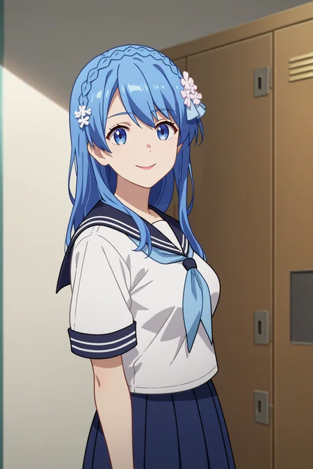 score_9, score_8_up, score_7_up, score_6_up, source_anime, 1girl, solo <lora:junadoma-pdxl-nvwls-v1-000006:0.9> juna doma, blue hair, blue eyes, braid, hair flower, hair ornament, medium breasts, anime screencap, white shirt, sailor collar, neckerchief, pleated skirt, looking at you, arms behind back, smile, hallway, lockers, from side