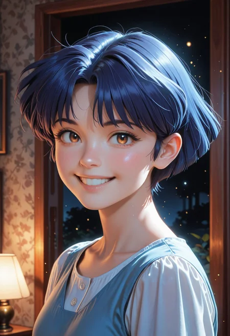 HDR, 8K, high contrast, masterpiece, best quality, amazing quality, very aesthetic, high resolution, ultra-detailed, absurdres, newest, scenery, chiaroscuro, 1girl, solo,akane_tendou, short_hair, blue_hair, brown_eyes, cute smile, teeth, cute eyes, , dim lighting ,looking back at viewer, dark room, face focus, head shot BREAK, photorealistic, beautiful detailed eyes, detailed skin, detailed hair, volumetric lighting, dappled light, light particles, dramatic shadows, cinematic lighting, photo background, <lora:ponyxl\cfg_scale_boost:0.7> h4v_h0l0,