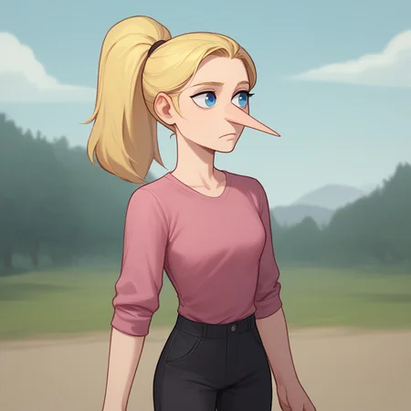 score_9_up, score_8_up, BREAK, pointy nose, 1girl, solo, blonde hair, high ponytail, blue eyes, pink shirt, black pants, cowboy shot, <lora:PointyNose_PXL_Leaf1:1>, outdoors,