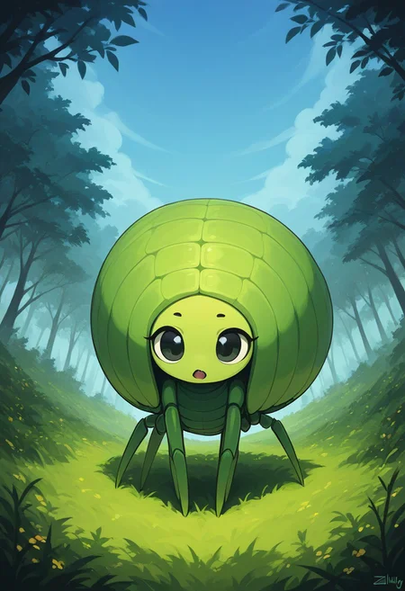 score_9, score_8_up, score_7_up, score_6_up, score_5_up, score_4_up, Expressiveh, (feral insect girl, feral caterpillar girl:1.2), full body shot, rearing up, perky breasts, green caterpillar, open mouth, cute, petite, (arms down at sides), single orange forehead crest, (two-pronged head crest), green body, leaves, looking at viewer, ((crawling, slithering, many tiny legs, huge bulbous head:1.2), giant eyes, expressionless face, long body, tiny legs, centipede legs:1.3), outdoors, blue sky, sunny day, diagonal view, dutch angle