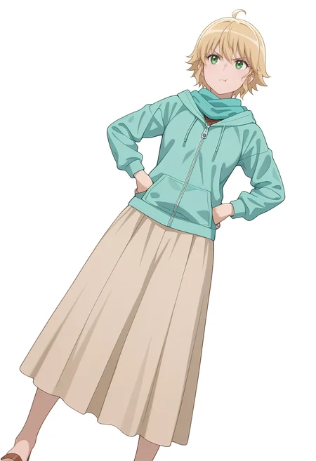 Smooth Quality,masterpiece,very intricate, high quality details, ultra realistic, high detailed skin,
simple background, white background,
dutch angle,:t,twirling hair,standing, hands on hips, feet apart, determined, looking forward, ,
<lora:Rembrandt_Yunocnn:0.8> rembrandtyuno/cnn, blonde hair, solo, green eyes,1girl,aqua scarf,
zip-up hoodie, ,long skirt, ,