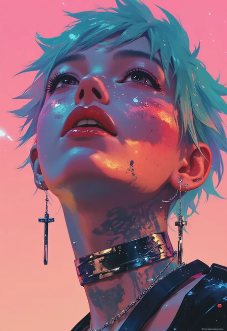 (hyper-realistic, ultra-detailed, glossy and oily skin, masterpiece:1.3, sparkling chrome, iridescent texture, light effects, photorealism:1.4) A futuristic young woman exudes an edgy, cyberpunk aesthetic, her highly glossy and oily skin reflecting the vibrant neon lights around her. Freckles dot her face, blending seamlessly with subtle iridescent textures that shimmer in the electric glow. She gazes upward with a wide, daring smile, revealing metallic teeth that glint in the neon light. Sleek mechanical components line her jawline and neck, seamlessly merging with her chrome-sparkling skin, giving her a hybrid, cybernetic appearance. Piercings dot her ears and lips, and silver chains drape from her face, accentuating her bold, alternative style. Her lips are stained with realistic blood, adding a raw, visceral edge to her expression. Large cross-shaped earrings dangle, catching the light as they sway, adding movement to the scene. Her tattooed neck transitions into a metallic, cyborg-like structure, where wires and circuits pulse beneath the surface. Bright teal hair, styled in sharp futuristic cuts, contrasts vividly with the neon-pink background, pulsing with electric energy. A subtle shadow covers half of her face, intensifying the mood. The glowing neon highlights, in combination with the intense contrast of teal and pink, create a high-tech, dystopian atmosphere alive with digital tension, perfectly embodying her rebellious and fearless attitude.