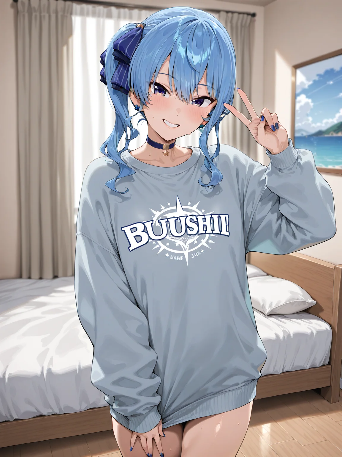 <lora:nanostyle2:0.8>,mnmbcstyle,
1girl,looking at viewer,smile,bedroom,hoshimachi suisei,V,